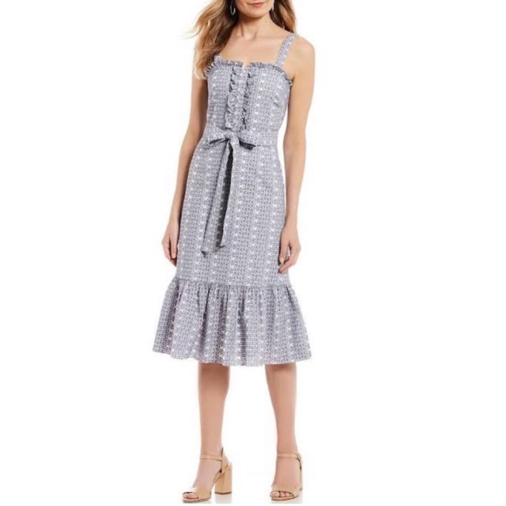 ANTONIO MELANI Eyelet Midi Dress Sleeveless Ruffle Belted Blue White Size 8 New